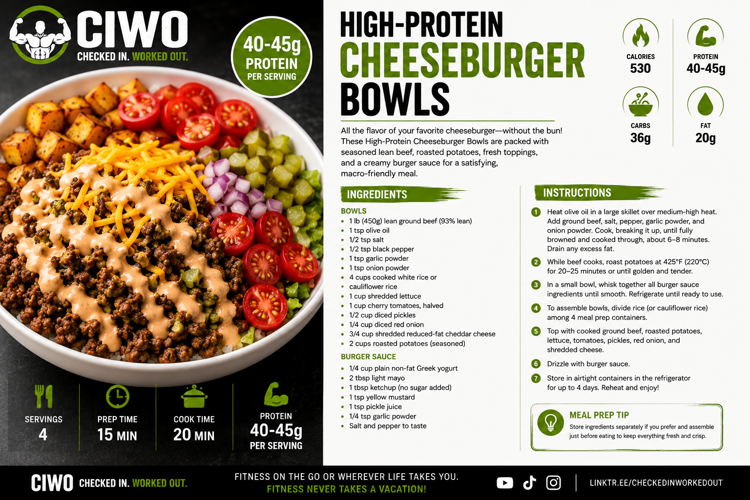 High-protein cheeseburger bowl with lean ground beef, roasted potatoes, lettuce, tomatoes, pickles and cheddar