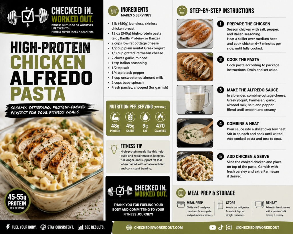 CIWO High-Protein Chicken Alfredo Pasta meal prep with grilled chicken and creamy protein pasta