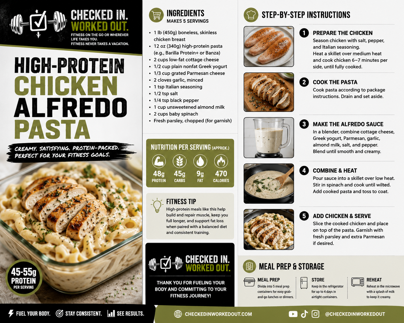 CIWO High-Protein Chicken Alfredo Pasta meal prep with grilled chicken and creamy protein pasta