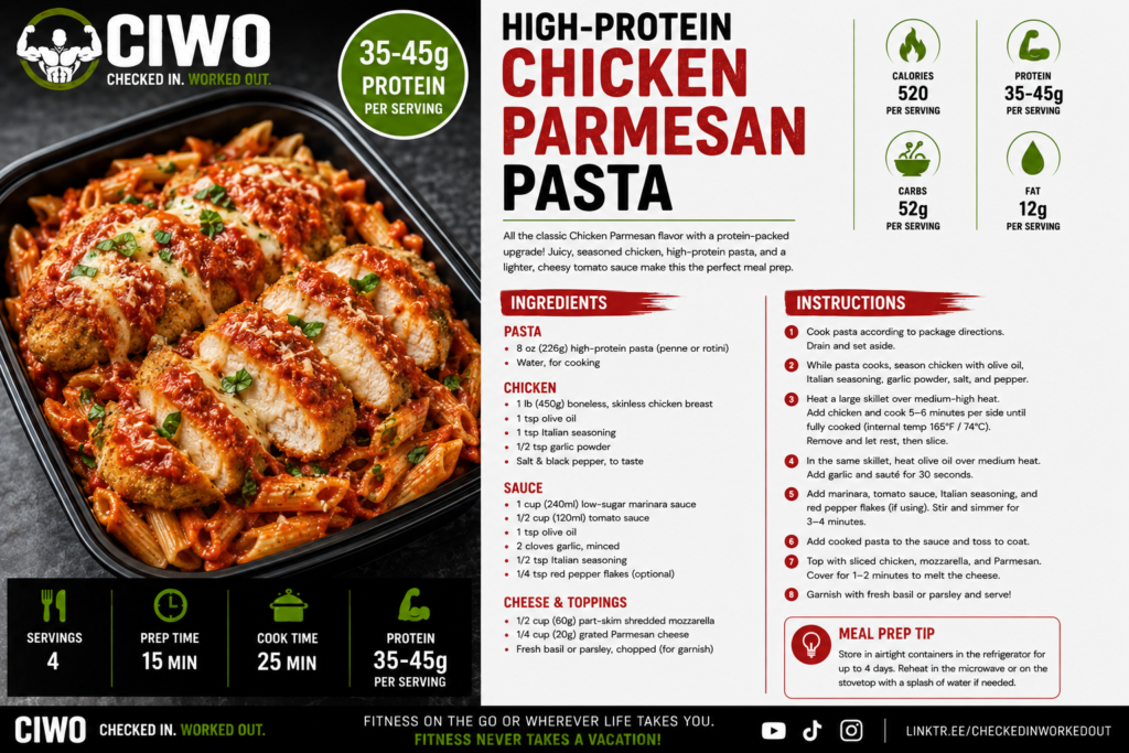 High-protein Chicken Parmesan Pasta with chicken breast, penne, marinara, mozzarella and Parmesan