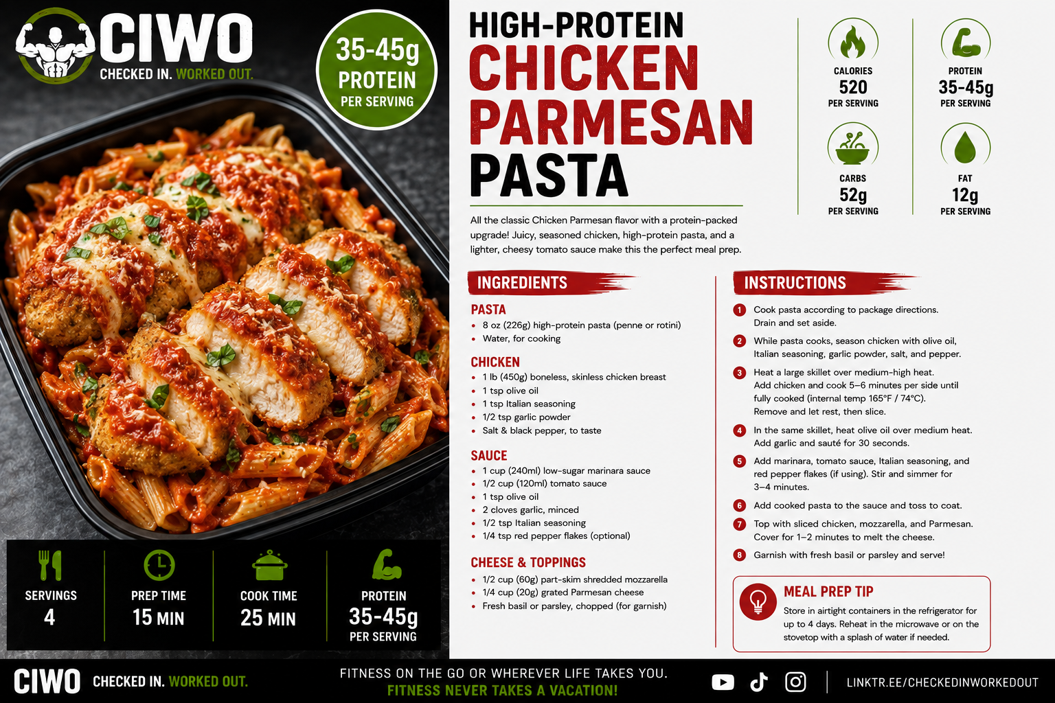 High-protein Chicken Parmesan Pasta with chicken breast, penne, marinara, mozzarella and Parmesan