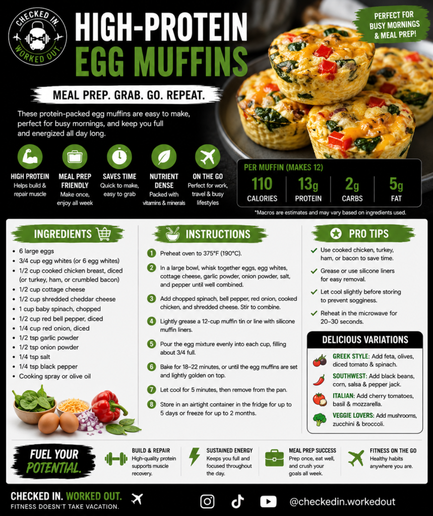 CIWO high-protein egg muffins recipe card with ingredients, instructions, estimated macros and meal-prep tips