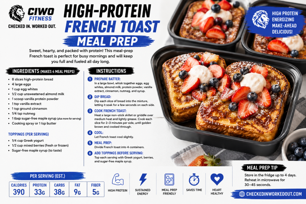 CIWO High-Protein French Toast Meal Prep with berries, Greek yogurt and high-protein bread