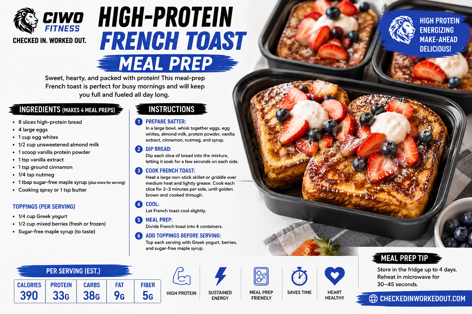 CIWO High-Protein French Toast Meal Prep with berries, Greek yogurt and high-protein bread