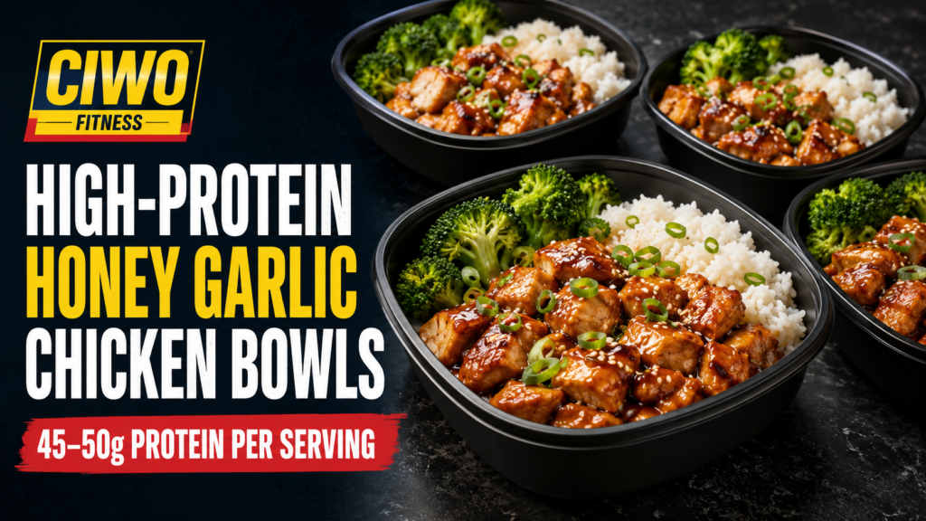 Four CIWO honey garlic chicken meal-prep bowls with rice and broccoli