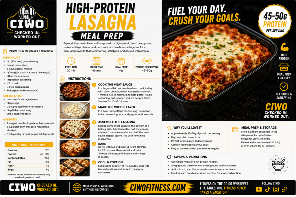 CIWO High-Protein Lasagna Meal Prep with lean meat sauce, pasta, cottage cheese and mozzarella