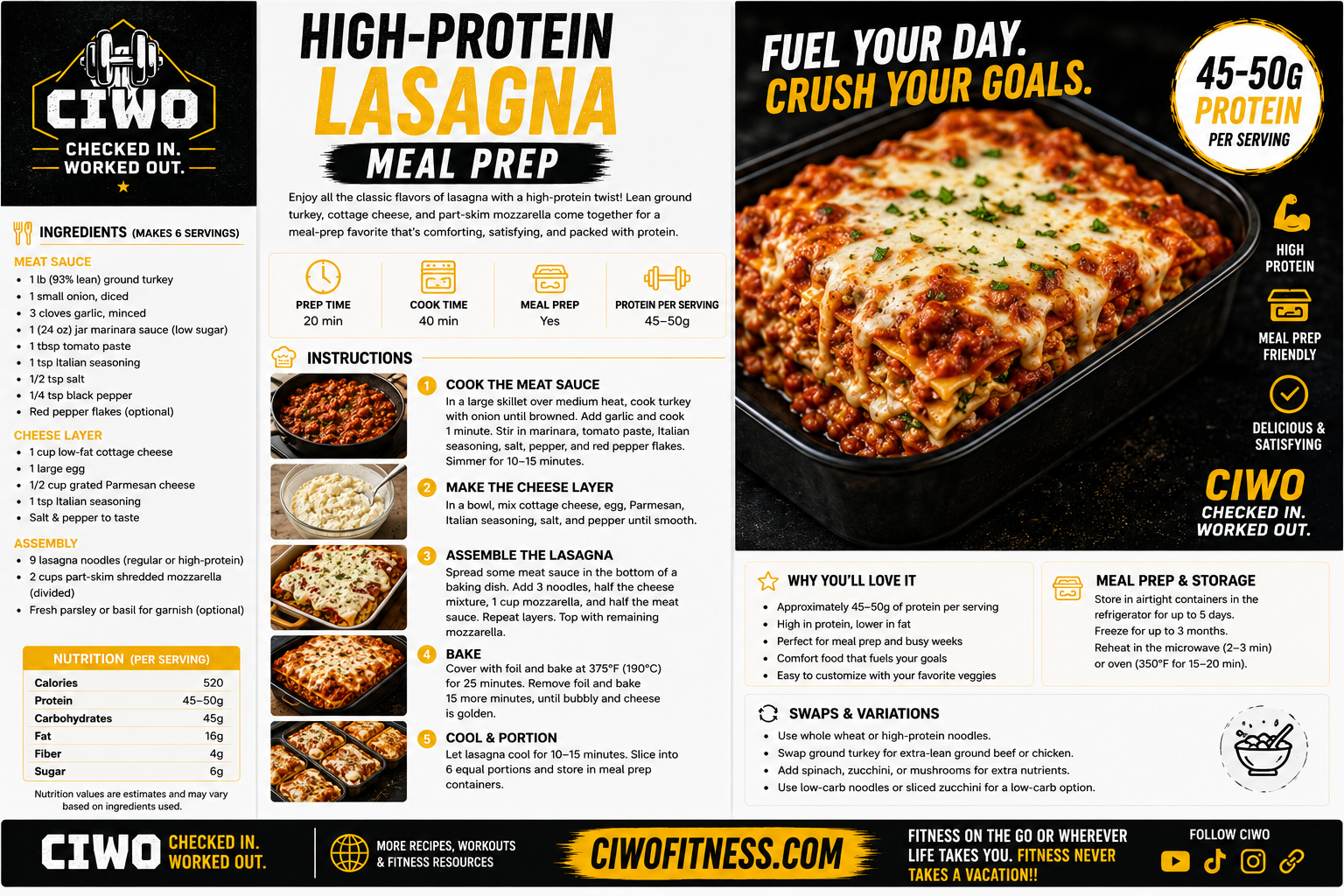 CIWO High-Protein Lasagna Meal Prep with lean meat sauce, pasta, cottage cheese and mozzarella