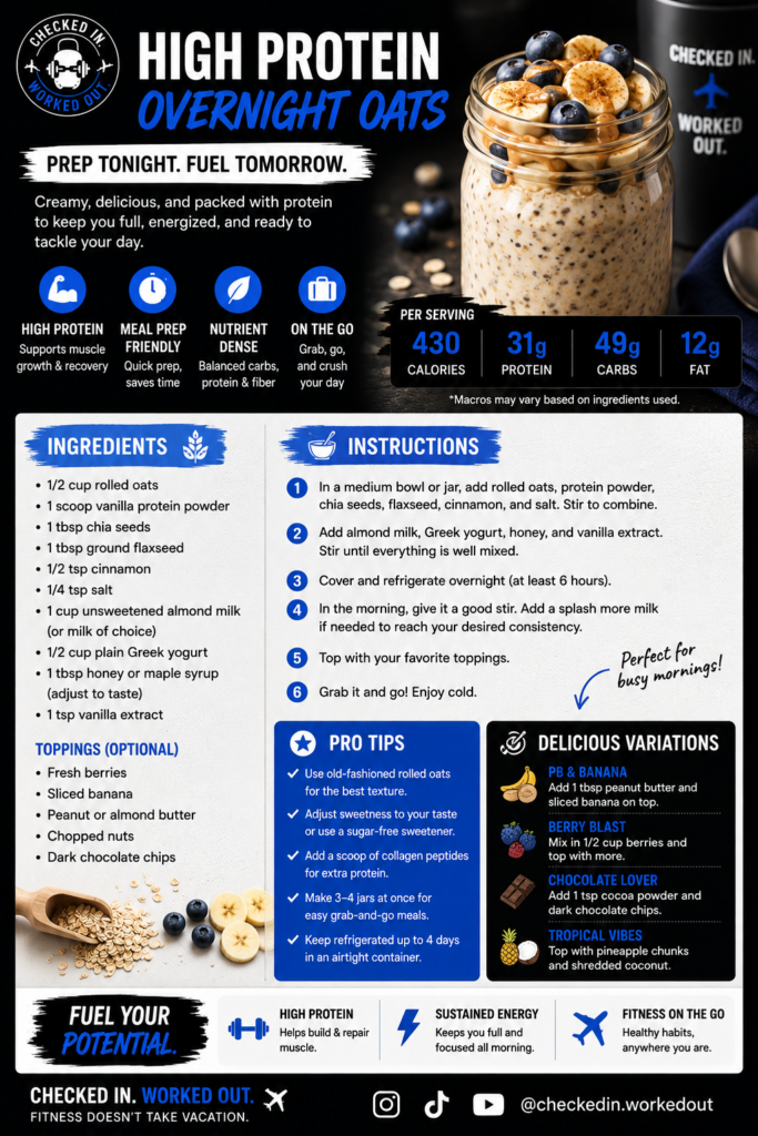 CIWO high-protein overnight oats recipe card with ingredients, instructions, toppings and meal-prep tips