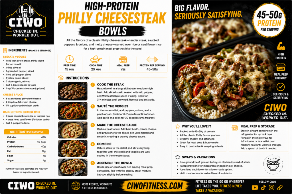 CIWO High-Protein Philly Cheesesteak Bowls with lean steak, peppers, onions, rice and melted provolone