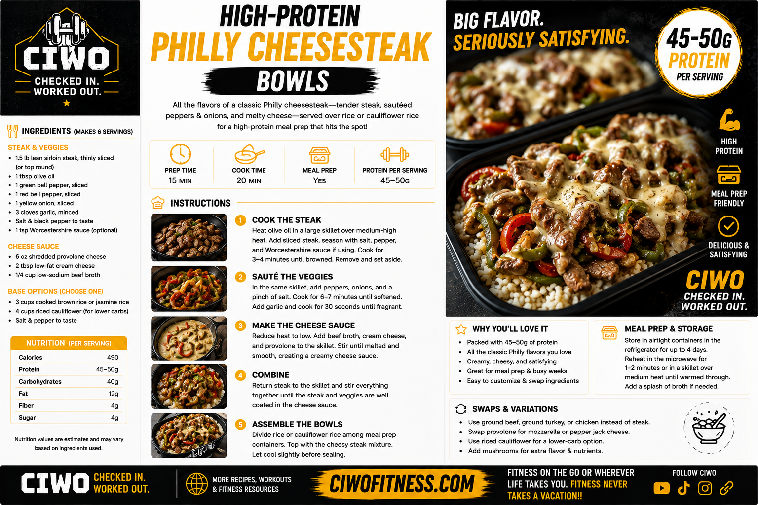 CIWO High-Protein Philly Cheesesteak Bowls with lean steak, peppers, onions, rice and melted provolone