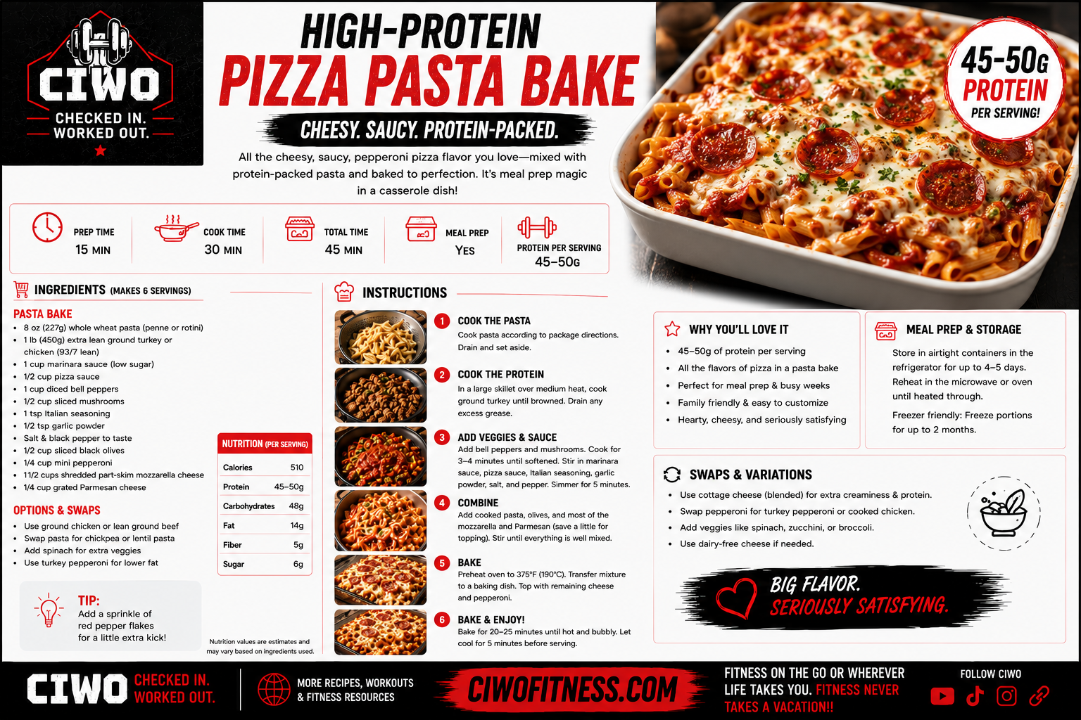 CIWO High-Protein Pizza Pasta Bake with protein pasta, lean meat, marinara, melted mozzarella and turkey pepperoni