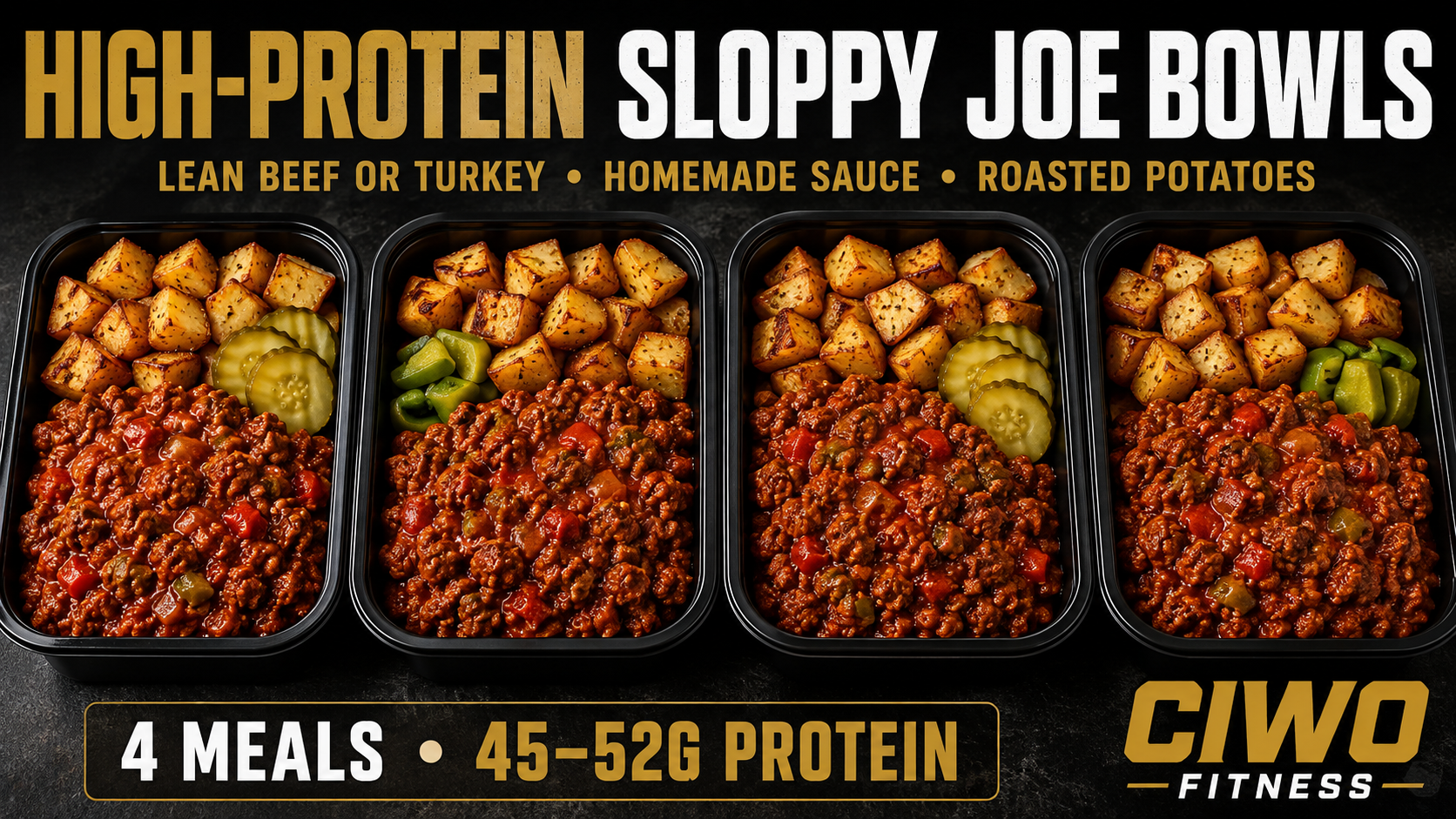 Four CIWO High-Protein Sloppy Joe Bowls with lean meat and roasted potatoes