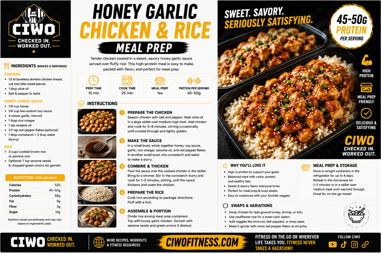 CIWO Honey Garlic Chicken and Rice high-protein meal prep with glazed chicken, rice and green vegetables