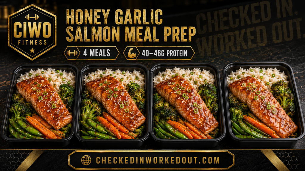Four branded CIWO Honey Garlic Salmon Meal Prep containers with rice and vegetables