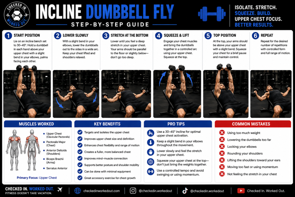 Incline dumbbell chest fly step-by-step exercise guide showing proper upper chest fly form on an incline bench