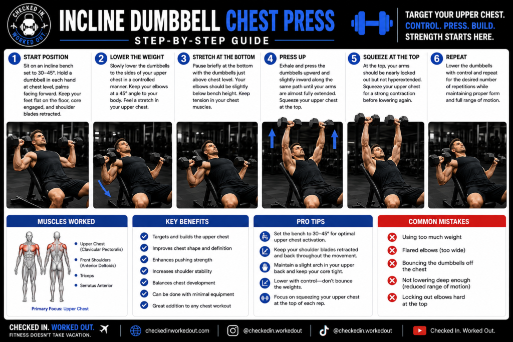 Incline dumbbell chest press step-by-step exercise guide showing six stages of proper upper-chest pressing form