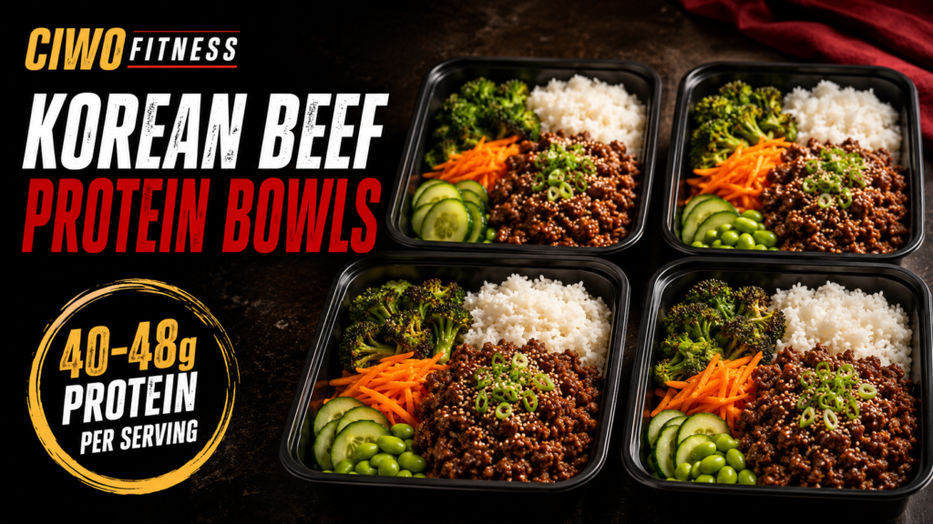 Four CIWO Korean Beef Protein Bowls with rice, broccoli, carrots, cucumber and edamame