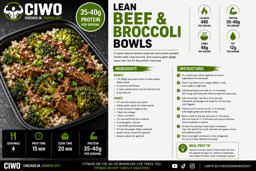 Lean beef and broccoli meal-prep bowl with rice, green onions and sesame seeds