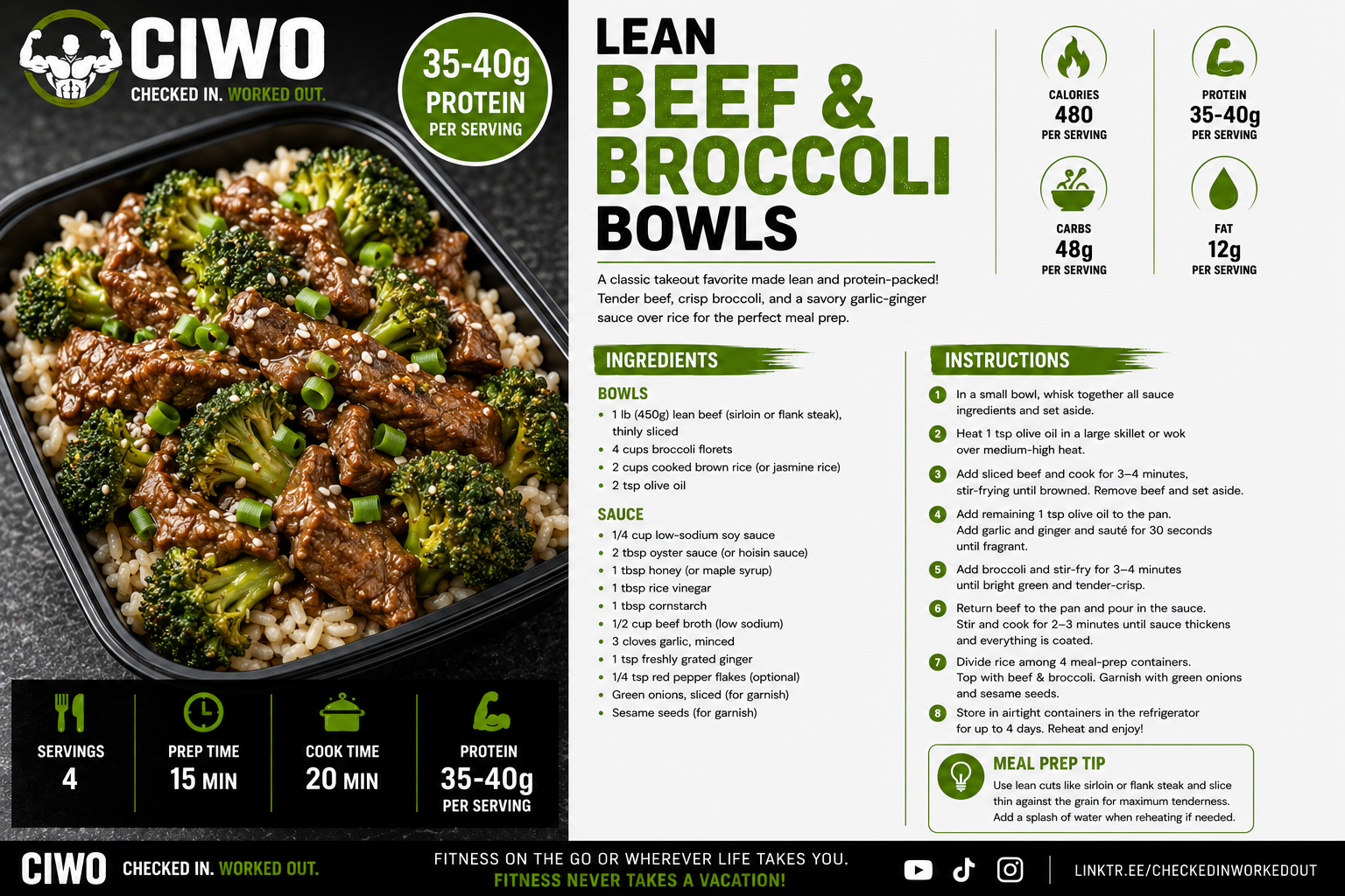 Lean beef and broccoli meal-prep bowl with rice, green onions and sesame seeds
