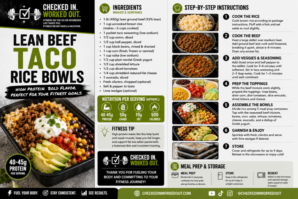 Lean Beef Taco Rice Bowls with seasoned ground beef, brown rice, black beans, corn, avocado and Greek yogurt