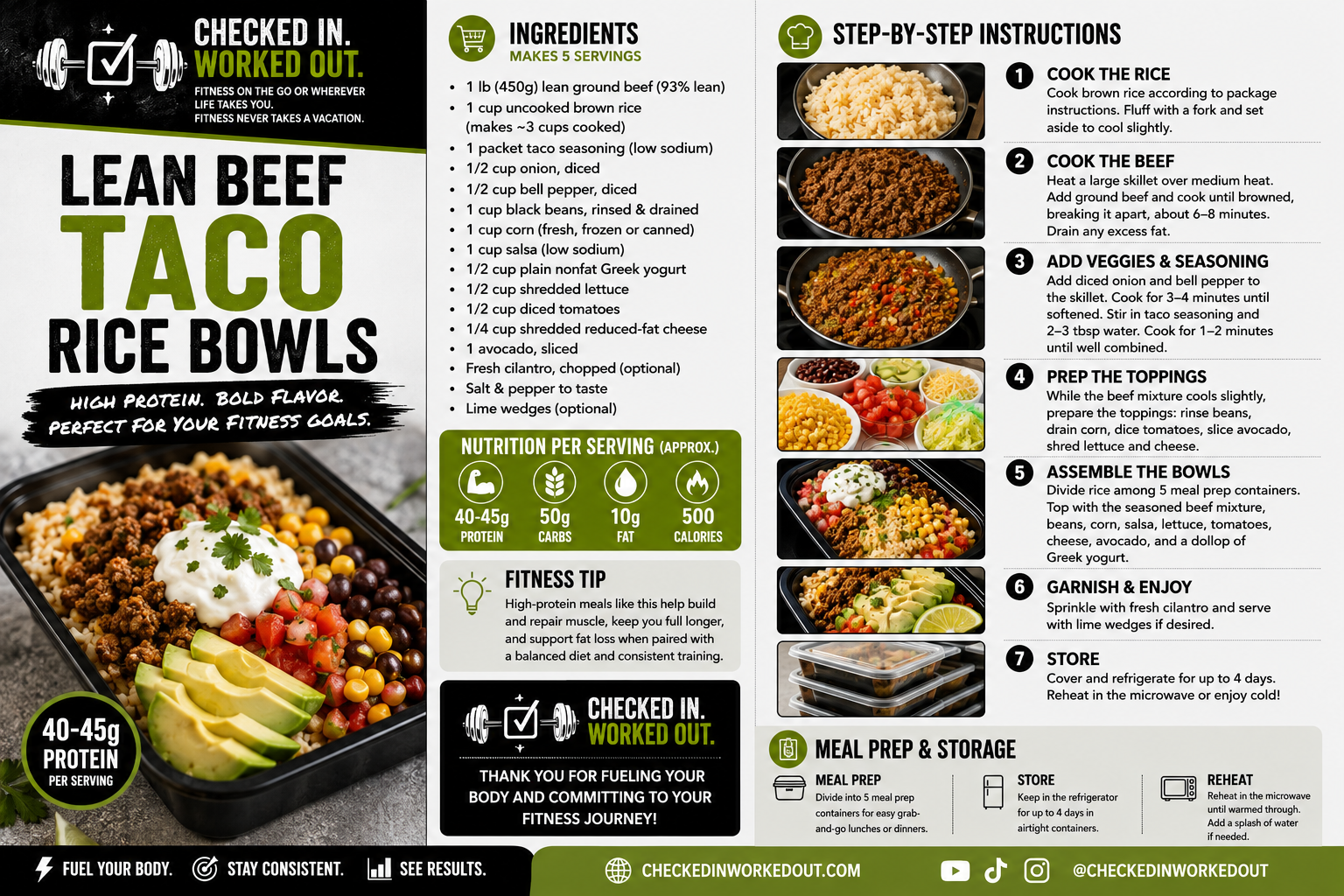 Lean Beef Taco Rice Bowls with seasoned ground beef, brown rice, black beans, corn, avocado and Greek yogurt