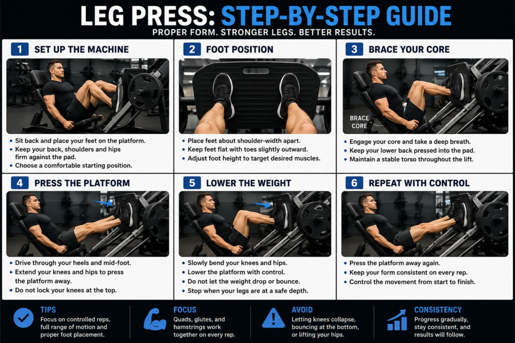 Leg press workout tutorial showing proper form step by step