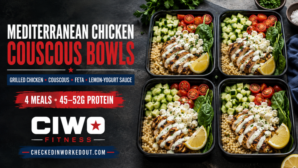 Four CIWO Mediterranean Chicken Couscous Bowls with vegetables, feta and lemon-yogurt sauce