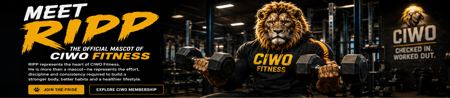 Meet RIPP, the official CIWO Fitness lion mascot holding dumbbells in a gym