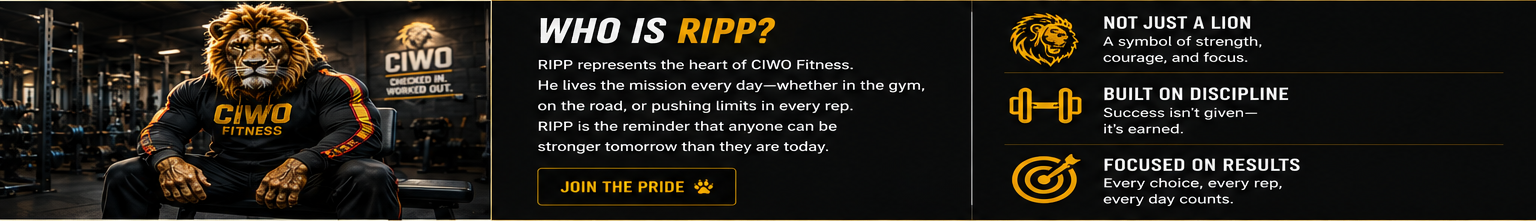 Who is RIPP section featuring the CIWO Fitness lion mascot in a gym