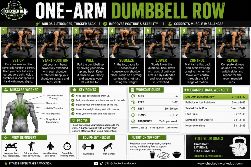 One-Arm Dumbbell Row step-by-step back exercise guide using a dumbbell and flat bench