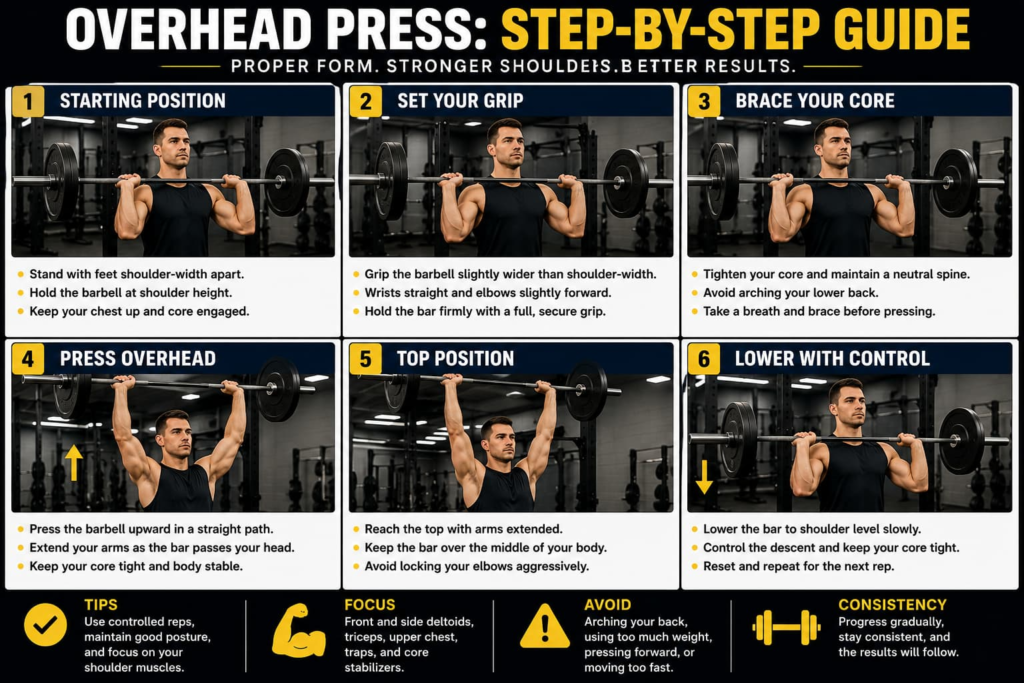 Overhead press workout tutorial showing proper form step by step