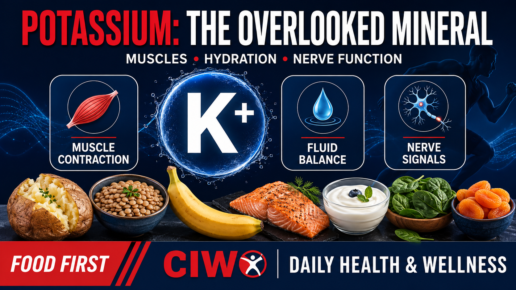 CIWO infographic about potassium benefits for muscle contraction, fluid balance and nerve signals