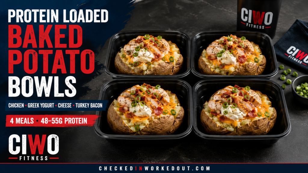 Four CIWO Protein Loaded Baked Potato Bowls with chicken, Greek yogurt, cheese and turkey bacon