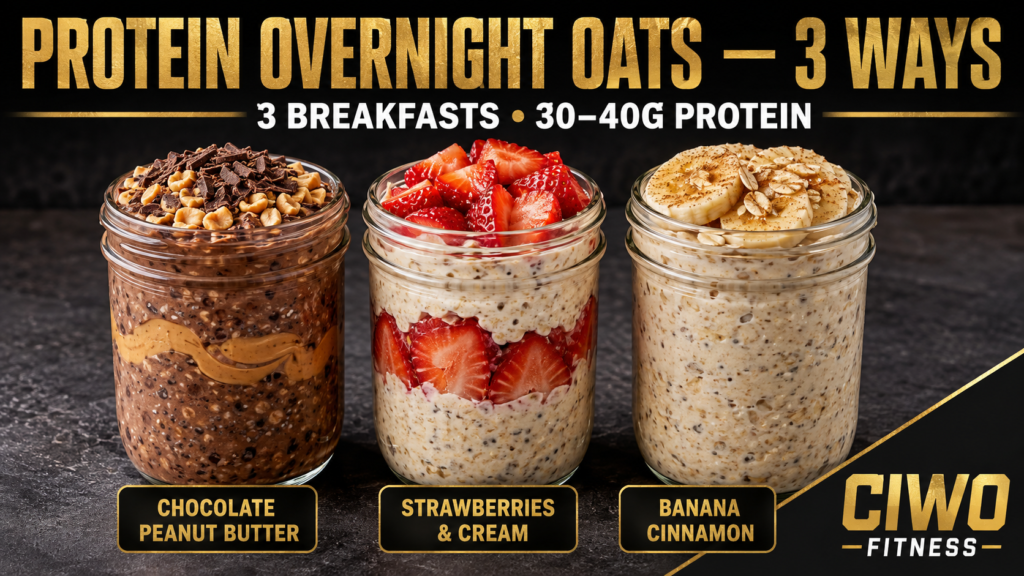Three CIWO protein overnight oat jars in chocolate peanut butter, strawberries and cream, and banana cinnamon flavors