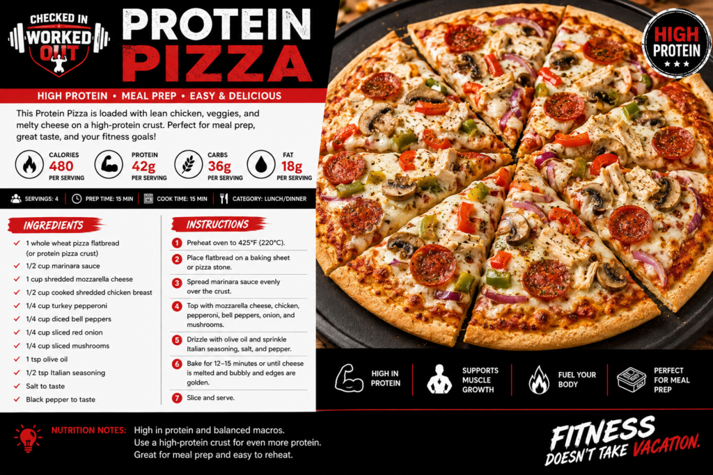 High-protein pizza with chicken, turkey pepperoni, mozzarella, peppers, onions and mushrooms for an easy fitness meal prep.