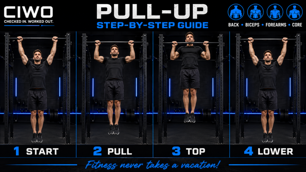 CIWO pull-up step-by-step exercise guide showing the starting hang, pulling phase, top position and controlled lowering