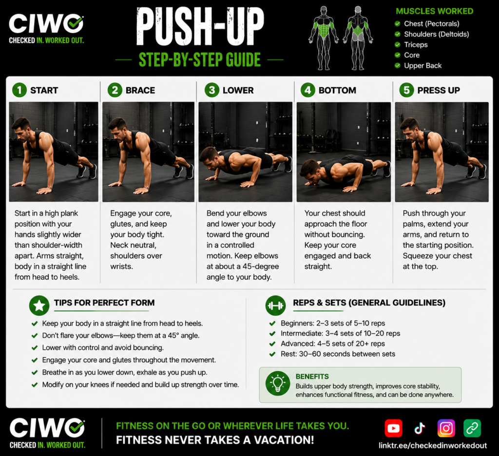 Push-up step-by-step exercise guide showing proper body position, lowering phase and pressing movement