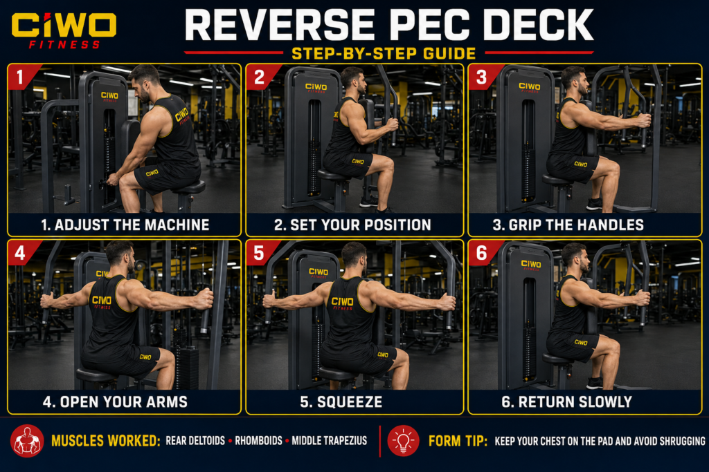 CIWO Reverse Pec Deck step-by-step exercise guide showing six stages of proper form