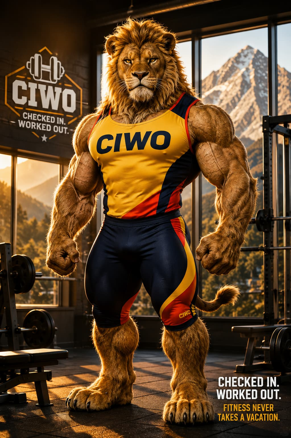 RIPP THE LION official Checked In Worked Out fitness mascot in a CIWO gym