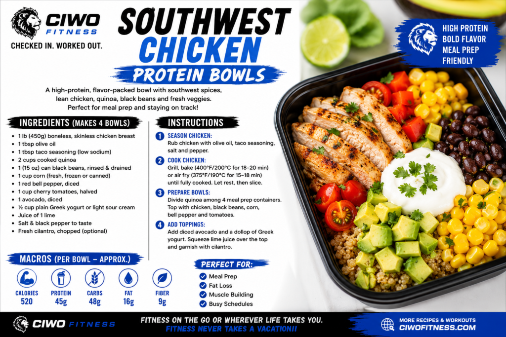 CIWO Southwest Chicken Protein Bowls with grilled chicken, rice, black beans, corn, avocado, tomatoes and Greek-yogurt lime sauce
