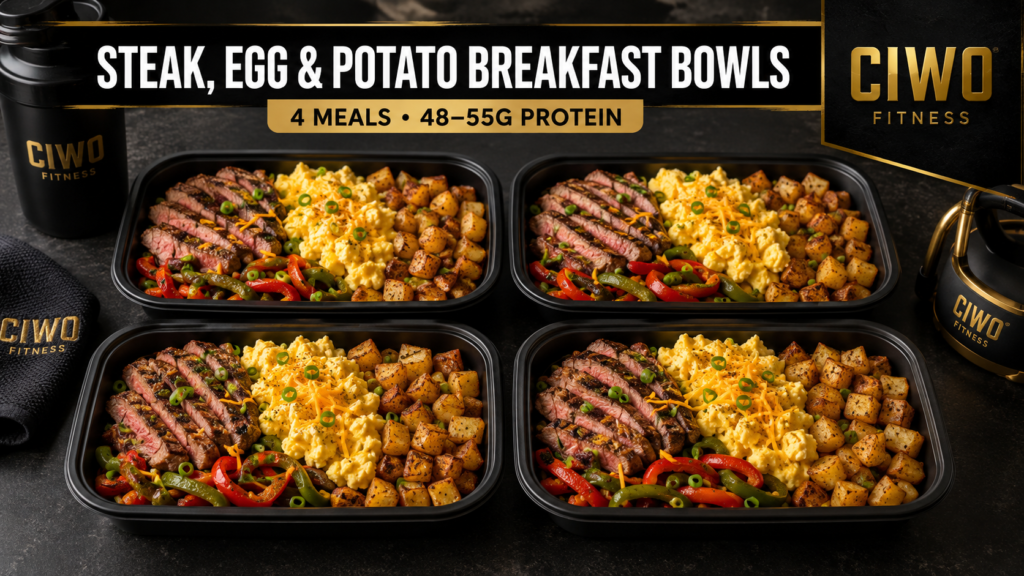 Four CIWO Steak, Egg and Potato Breakfast Bowls with scrambled eggs and peppers