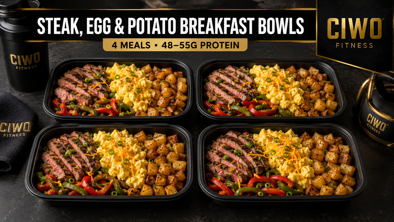 Four CIWO Steak, Egg and Potato Breakfast Bowls with scrambled eggs and peppers