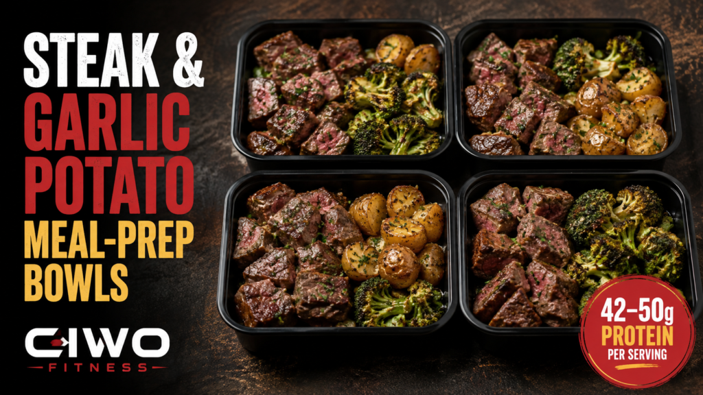 Four CIWO Steak and Garlic Potato Meal-Prep Bowls with roasted broccoli