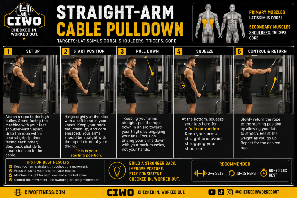 CIWO straight-arm cable pulldown step-by-step exercise guide showing setup, pulldown, squeeze and controlled return