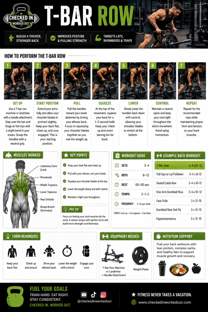 T-Bar Row step-by-step back exercise guide showing proper form, muscles worked and workout recommendations
