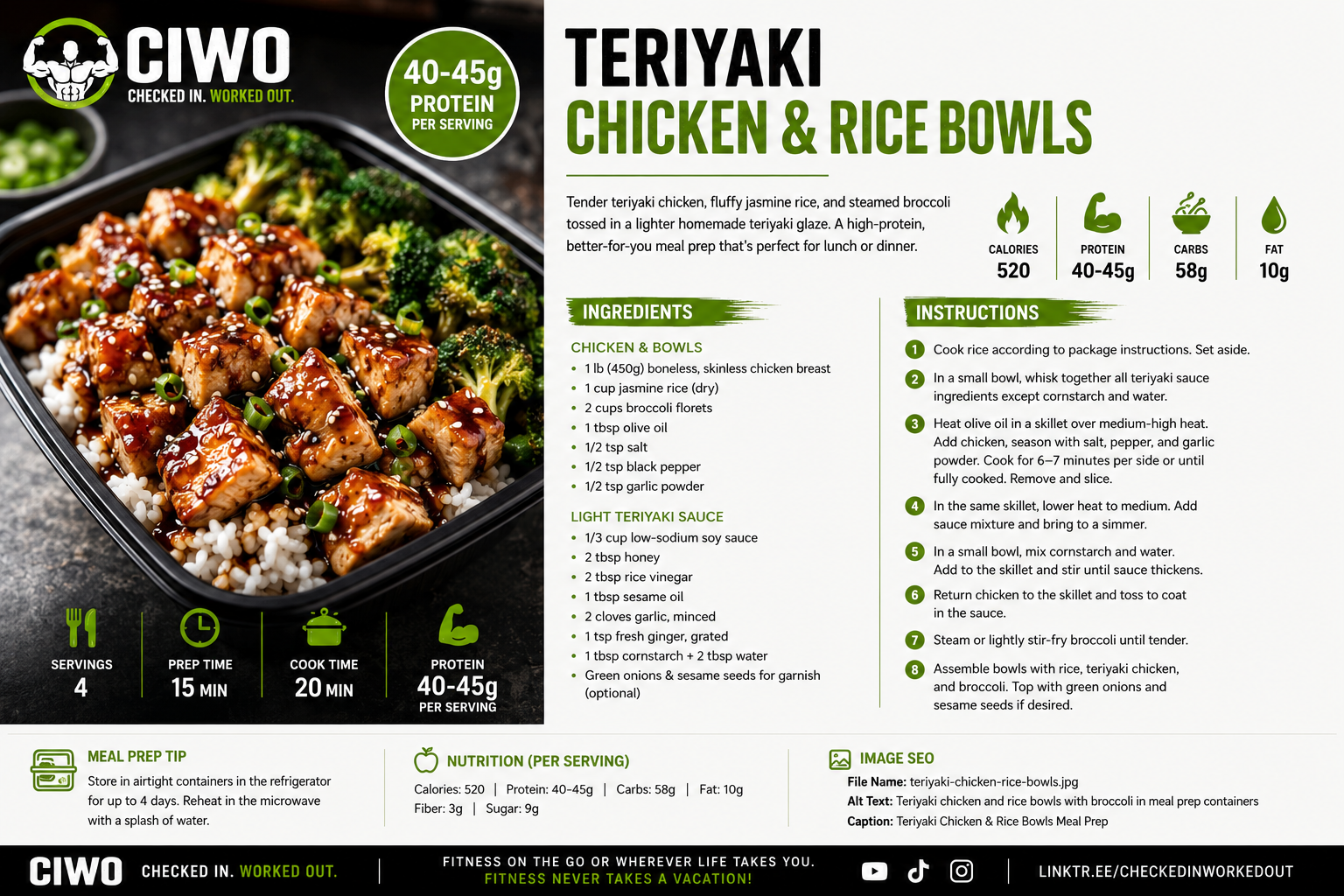 Teriyaki chicken and jasmine rice bowl with broccoli and a lighter teriyaki glaze