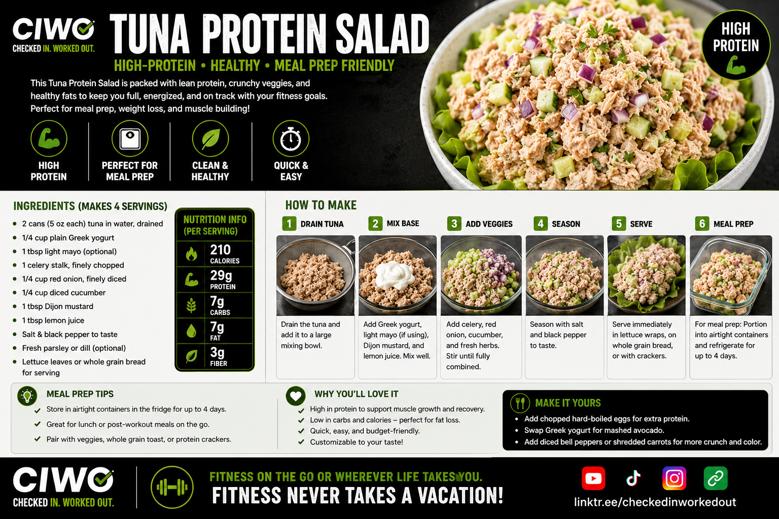 Tuna protein salad meal prep with tuna, Greek yogurt, celery, cucumber and red onion