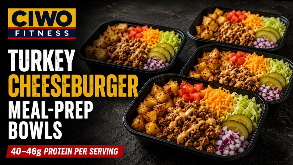 Four CIWO Turkey Cheeseburger Meal-Prep Bowls with roasted potatoes and burger toppings