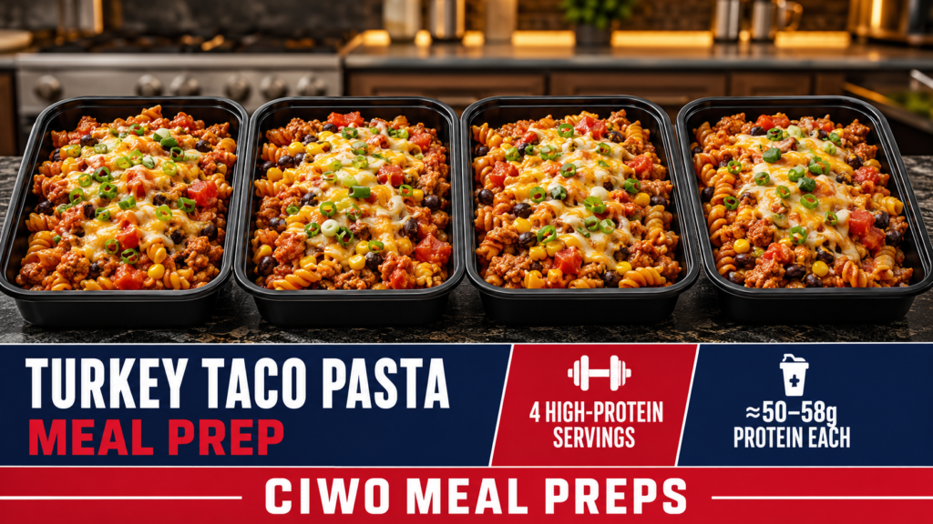 Four CIWO Turkey Taco Pasta meal-prep containers with protein pasta, turkey, beans, corn, tomatoes and cheese