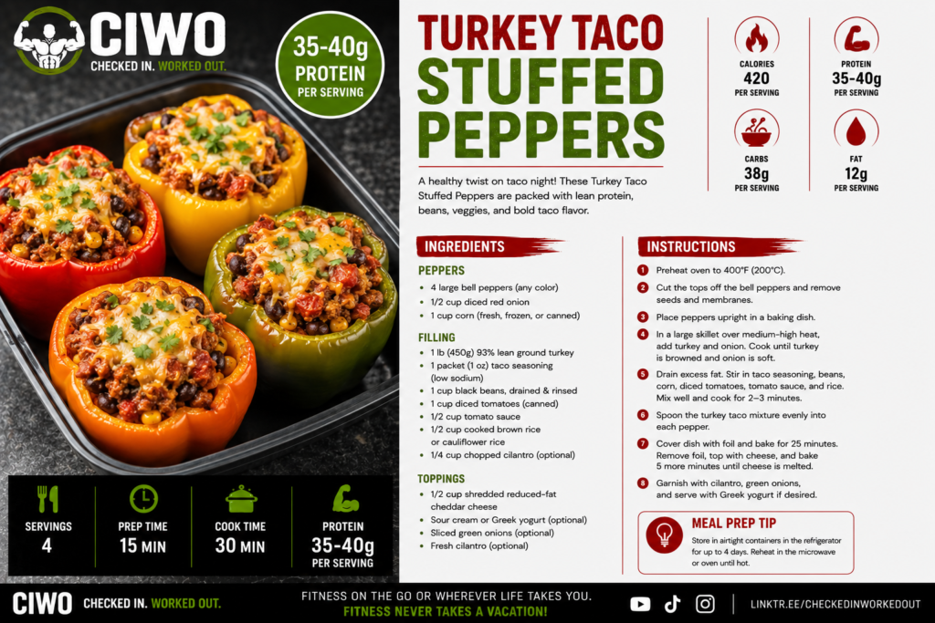 Turkey taco stuffed bell peppers filled with lean ground turkey, black beans, corn, tomatoes and melted cheese